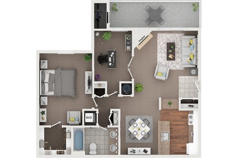 Floor plan for 1 bed, 1 bath, 914 sqft